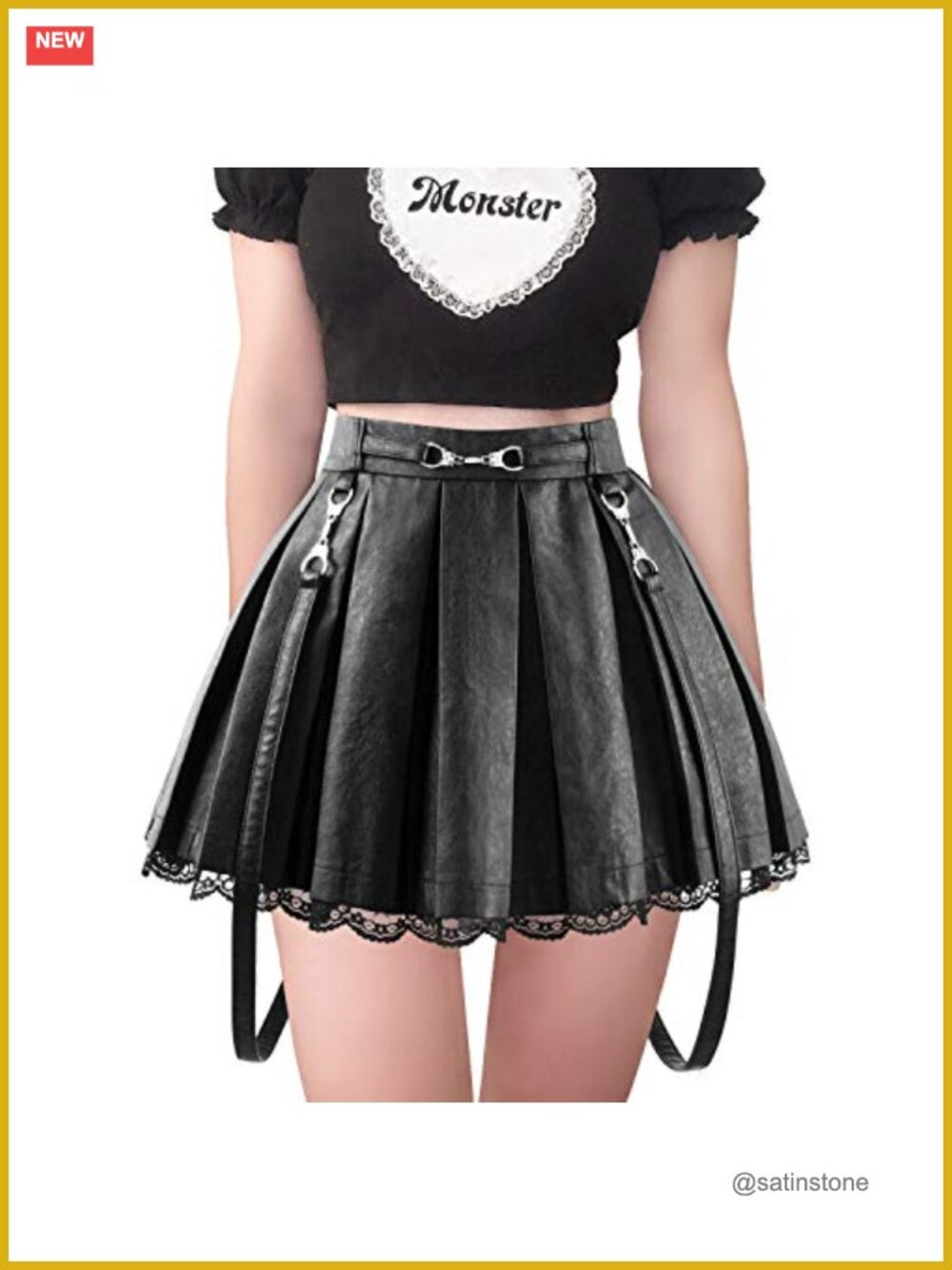 Pleated Faux Leather A-Line Mini Skirt with Handcuff Straps
